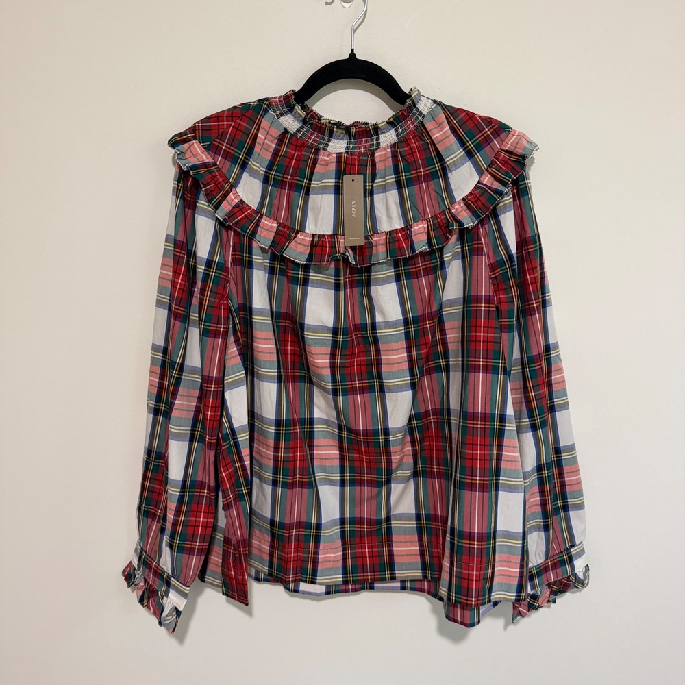 J.Crew AU276 Stewart Plaid Ruffle Trim Cotton Top Red 2X